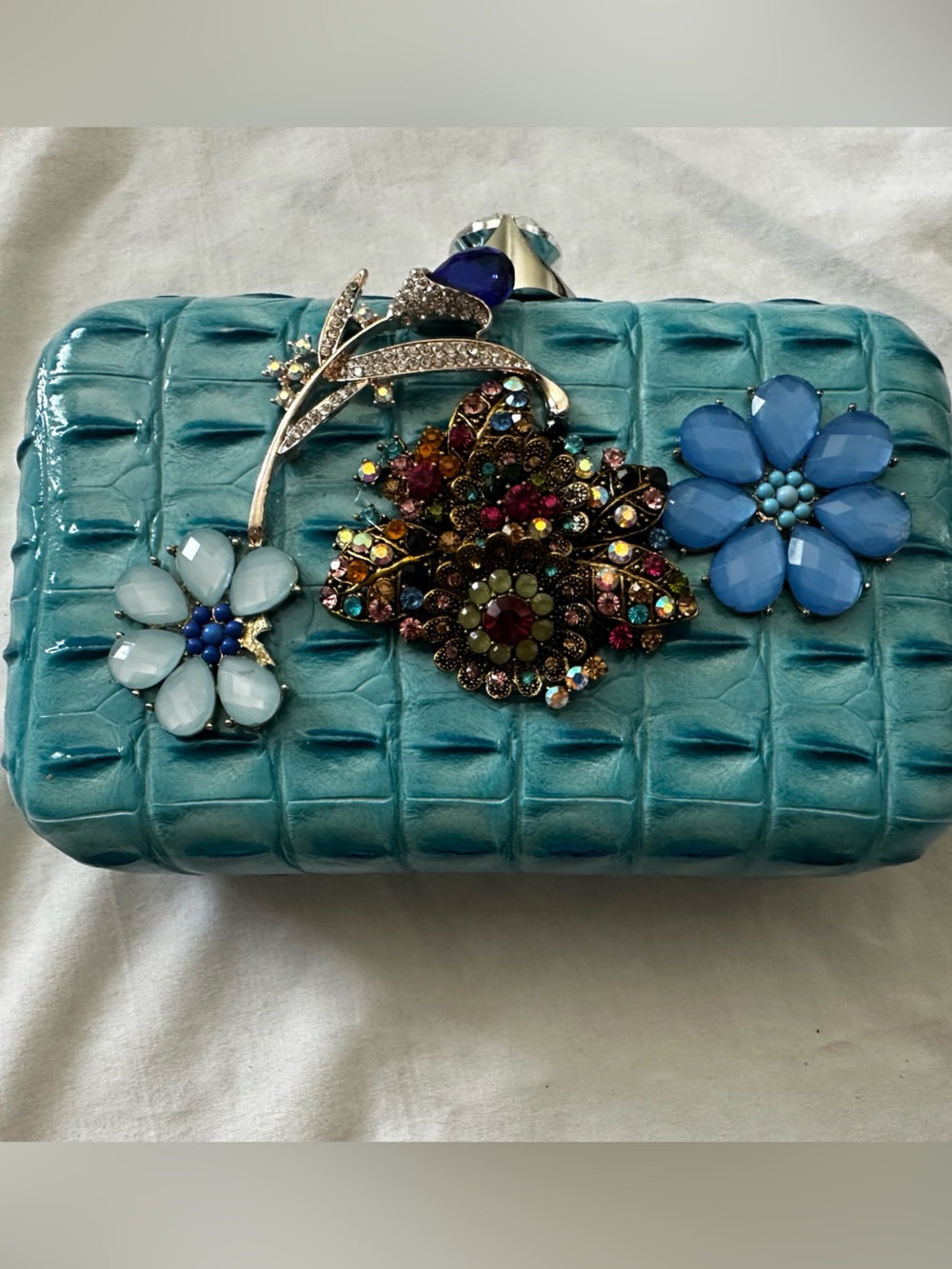 Turquoise Jeweled Floral Evening Clutch